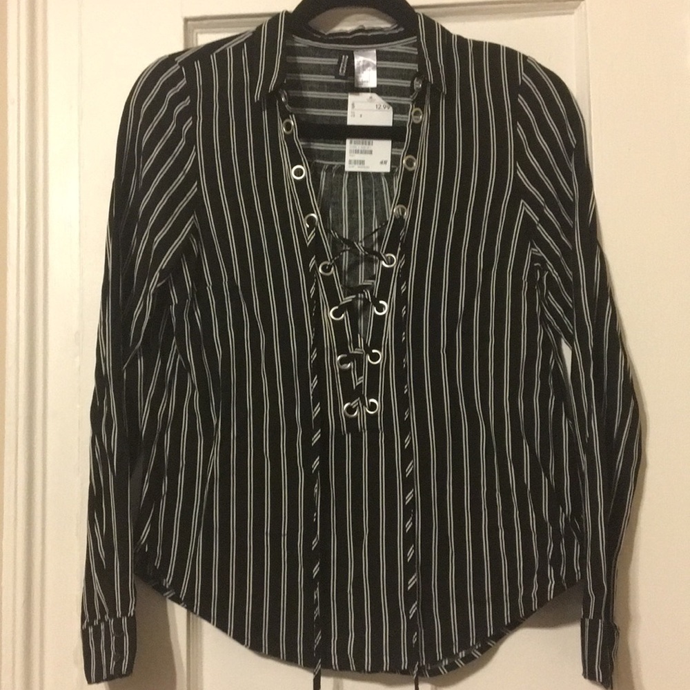 H&M Lace Up Striped Blouse Shirt *NWT*